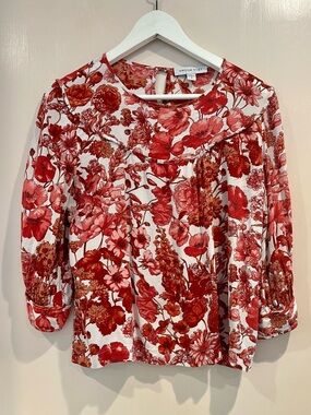 ❤️Amour Vert White Blouse w Red Floral Print & 3/4 Puff Sleeves